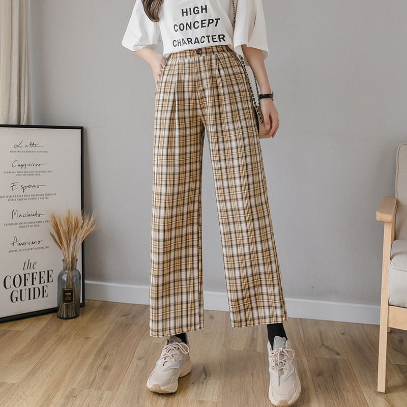 Vintage Plaid Pants Women High Waist Plus Size Wide Leg Casual Female Trousers Fashion Joggers Clothes Streetwear