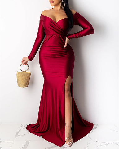 Women Spring Autumn Elegant Off Shoulder Ruched Slit Long Dress Long Sleeve Maxi Solid Elegant Lady Dress Party Female