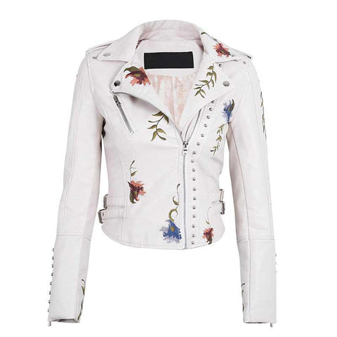 Ailegogo Spring Autumn Flowers Embroidery Pu Leather Jacket Women Turn-down Collar Rivet Zipper Black Biker Coats Tops Clothes