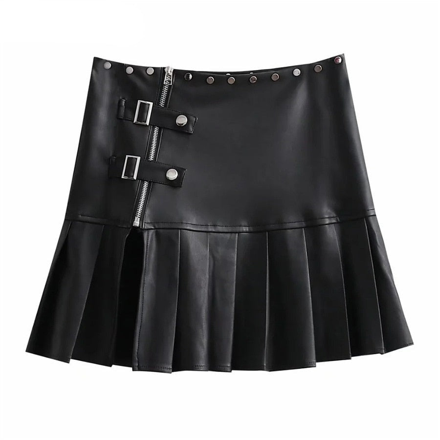 Punk Style Rivet Decoration Zip High Waist Pleated Skirt Women Solid Black PU Leather A-Line Skirt Wild Lady Streetwear