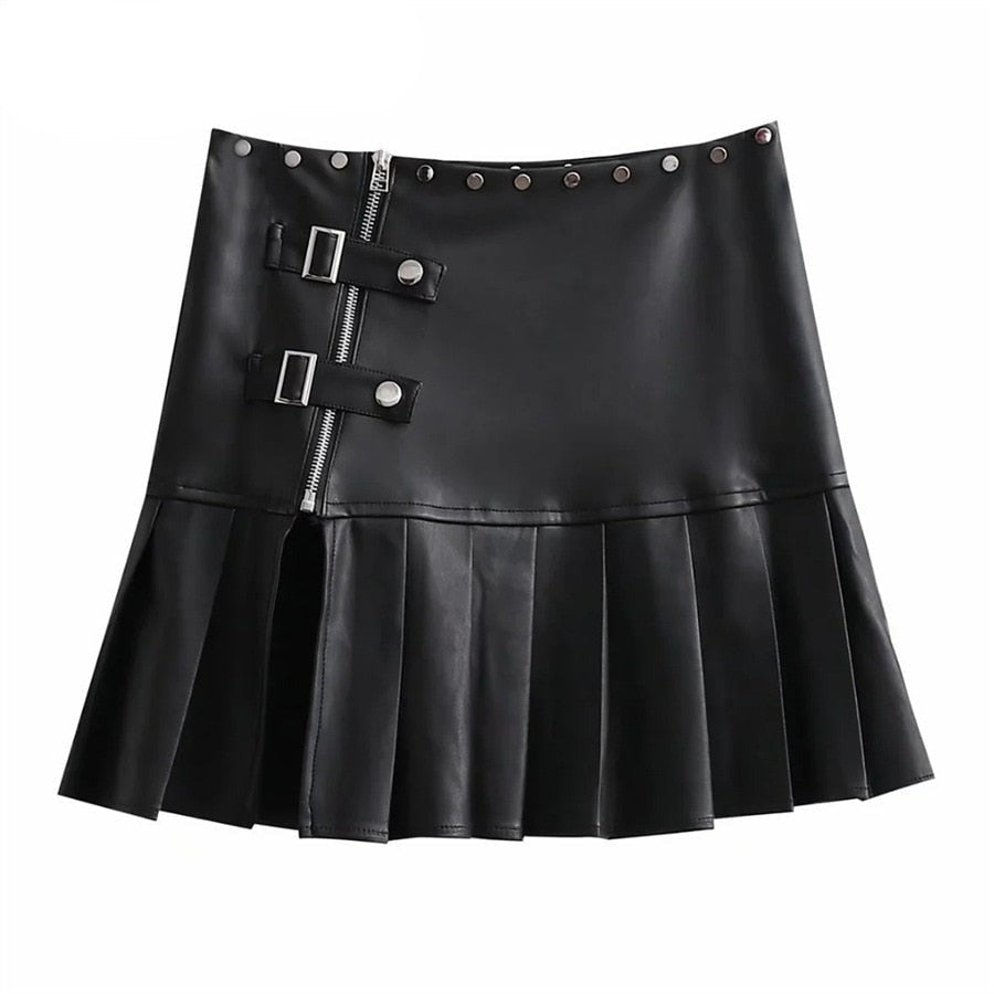 Punk Style Rivet Decoration Zip High Waist Pleated Skirt Women Solid Black PU Leather A-Line Skirt Wild Lady Streetwear