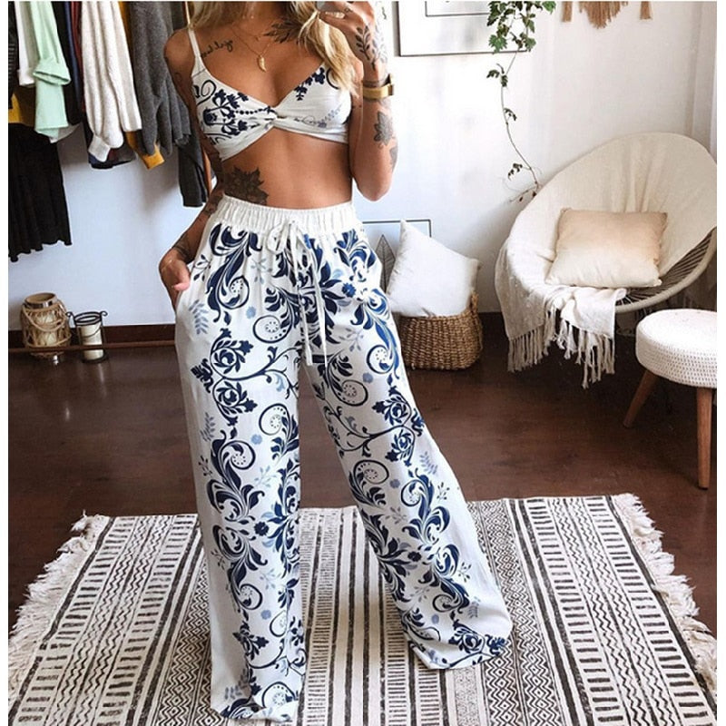 Pbong 2 Pecs Suit Summer Tracksuit Sets Womens Outfits Boho Beach Style Print Underwear Loose Wide Leg Pants Ropa Mujer Подходить New