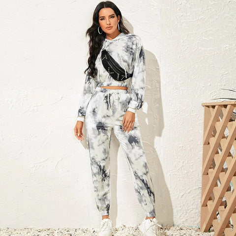 Summer Tie Dye Print Women Tracksuit Sets Casual Hooded Crop Top Sweatshirt + Sport Pants Lady Two Piece Suits Lounge Wear