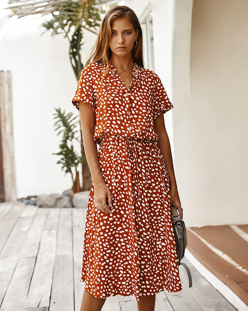 Dots Print White Dress Women Summer Short Sleeve Tunic Vintage Midi Dress Women Casual Holiday Boho Beach Dresses Vestidos