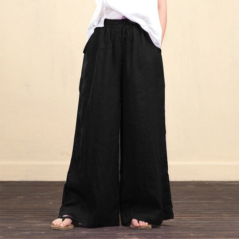 Autumn Winter Cotton Linen Fashion Women Wide-leg Pants New Casual Retro Solid Color Loose Long Trouser Elegant Streetwear Pants