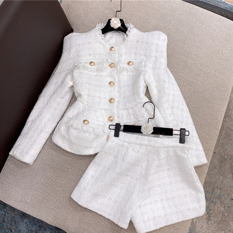 High Quality Spring New Tweed 2 Two-Piece Set Sexy O-Neck Long Sleeve Single Breasted Jacket And Pants Club Party Set