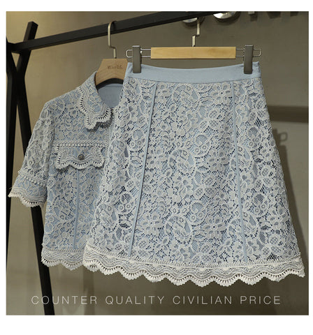 Summer Fashion Designer Runway Lace 2 Piece Set Women Blue Hollow Out Shirt Top+High Waist A-Line Sweet Skirt Hook Flower Set