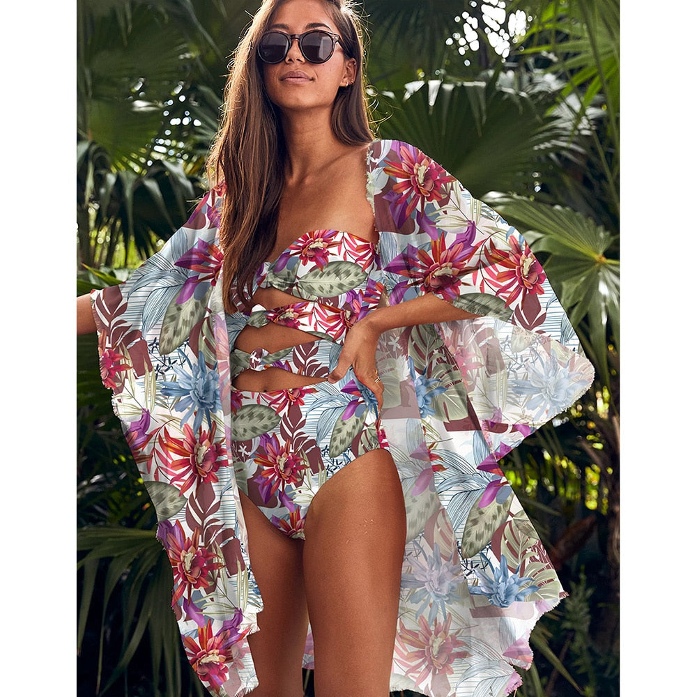 Leaves Print Swimsuit Beach Cover Up Tunics for Beach Long Kaftan Bikini Cover Up Robe De Plage Sarong Beach Swimsuit Cover-Ups