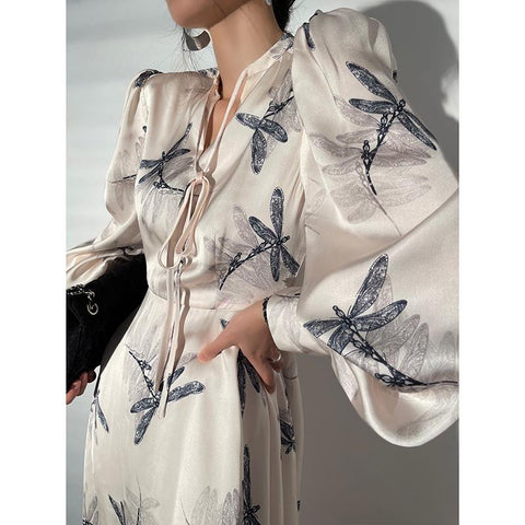 Early Autumn Women's Floral Print Satin Dress Deep V Long Sleeve Single Breasted High Waist Back Hollow Out Lady Loose Robe