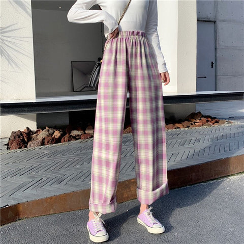 INS Cool Women Baggy Blue Pants Lady Oversized Wide Leg Plaid Slacks Harem Pants Student Autumn Purple Pink Long Flare Trousers