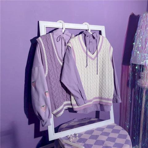 purple retro vest japanese sweet women Knitted jacket for korean style oversized clothes sleeveless  tops young jackets