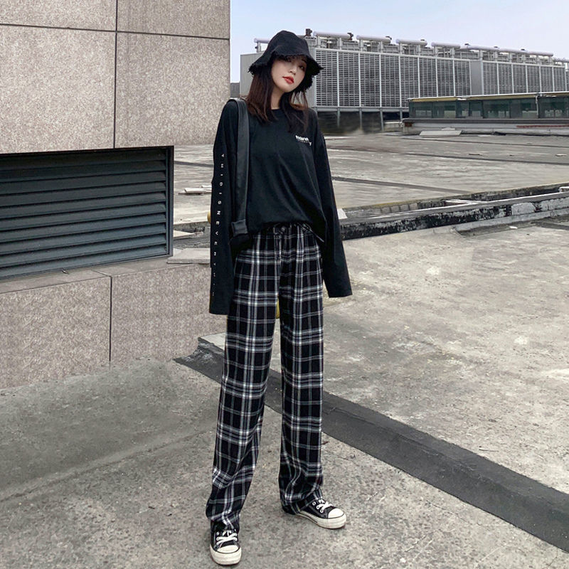 Wide Leg Pants Women Oversize Korean Summer Chic Fashion Black Plaid Womens Trousers High Waist Pockets Schoolgirls Streetwear