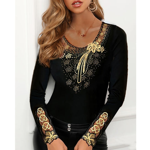 Elegant Blouse for Women Flower Print Mesh Tops Long Sleeve Black O-neck Patchwork Ladies Lace Decor Tee Tops Spring summer Pbong mid size graduation outfit romantic style teen swag clean girl ideas 90s latina aesthetic