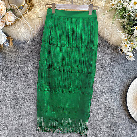 Women Fringe Bodycon Pencil Skirts Black Tassel High Waist Stretch Sheath Midi Length Ladies Slim Elegant Saias faldas Big Size Pbong  mid size graduation outfit romantic style teen swag clean girl ideas 90s latina aesthetic