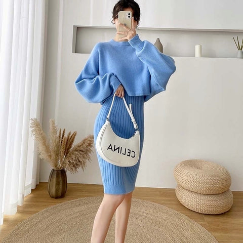 New Fall/Winter Bat Sleeve O-Neck Soft Sweater  + Women's Knitted Vest Long Dress Two-Piece Dress Sets Femme