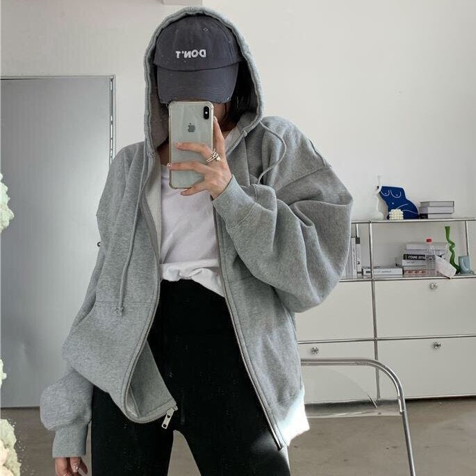 oversized zip up sweatshirt streetwear loose long-sleeved korean style jacket Autumn new zipper women tops black hoodie