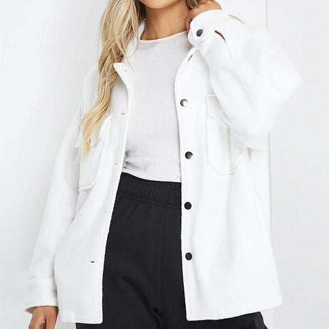 Women Single Breasted Turn-down Collar Wool Coat Casual Long Sleeve Button Pocket Outwear Female Solid Loose Streetwear Jacket