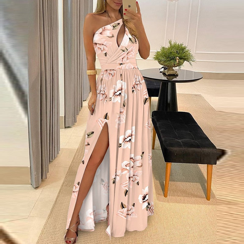 Pbong Ladies Sexy Hollow Out Sleeveless Party Dress Women Elegant Off Shoulder Split Long Dress Fashion Printing Femme Dress Vestidos