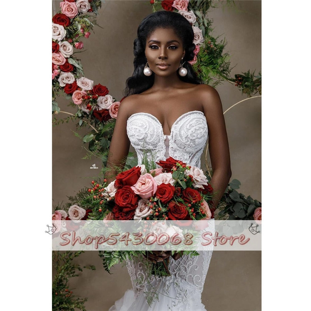 African Sweetheart Mermaid Wedding Dress New Strapless Lace Beaded Wedding Gowns Applique Bridal Dress