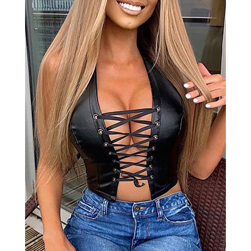 Pbong mid size graduation outfit romantic style teen swag clean girl ideas 90s latina aestheticHalter Top Women Sexy Lace-up PU Leather Crop Top Summer Slim Fit Bandage Tank Tops Black White Streetwear Y2k Tops