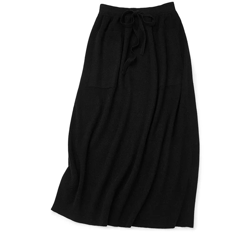 Cashmere skirt ladies high waist stretch skirt casual knitted half length long skirt with pockets winter warm female skirt