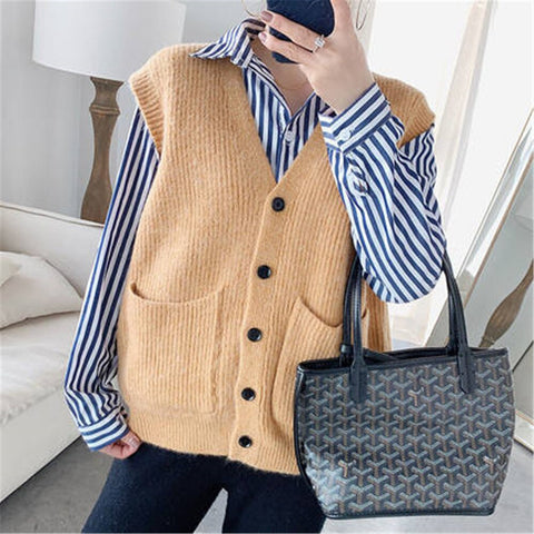 Knitted Sweater Vest Women Soft Stretchy Simple Basic Daily V-neck Solid Open-stitch Female Street-wear Vintage Korean All-match