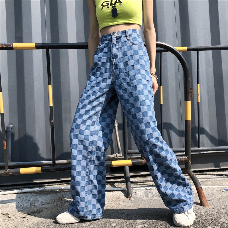 New Autumn Winter Loose Big Size Trousers High Waist Personality Plaid Printing Women Wide Leg Pants FU055