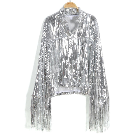 Women's Tassel Sequin Jacket Autumn Winter Streewear Rock BF Retro Long-sleeved Silver Reflective Jacket Women Outwear Tops