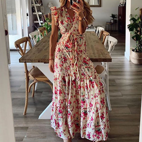 Sexy Women V Neck Party Dresses Vintage Printed Boho Long Dresses Elegant Flying Sleeve Fashion Sexy Slim Maxi Dress Mujer