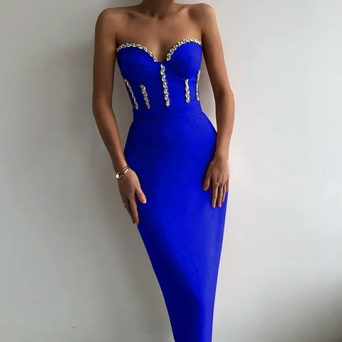 Sexy Strapless Women Dress Bandage Bodycon New Elegant Beading Party Evening Club Midi Dresses Summer Autumn Clothes