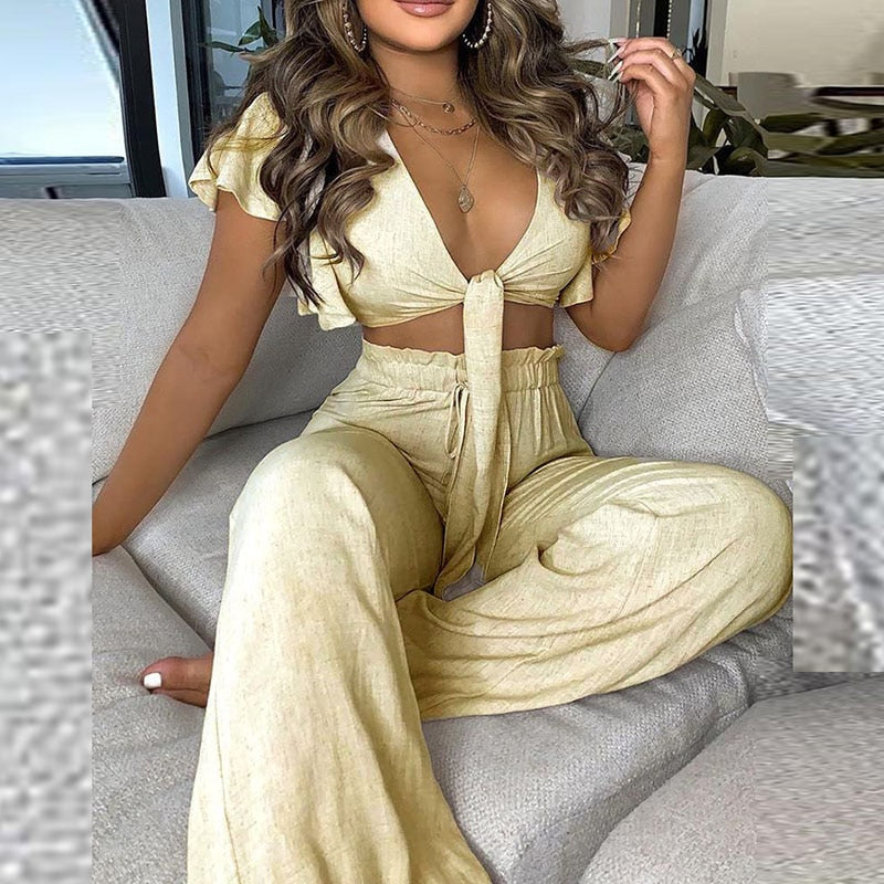 Sexy Off Shoulder Sleeveless Two Piece Set Summer Women Elegant Bow Tie Sets Ladies New Fashion Casual Boho Suit Streetwear