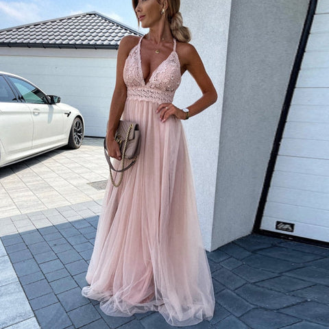 Women Sleeveless Off Shoulder Long Dresses Elegant Backless Lace-Up Bowknot Party Dress Sexy Deep V Neck Lace Mesh Maxi Dress