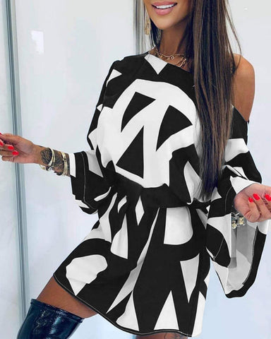 Autumn Festival Women Pumpkin One Shoulder Bell Sleeve Abstract Print Long Sleeve Dress Women Casual Mini Party Dress New