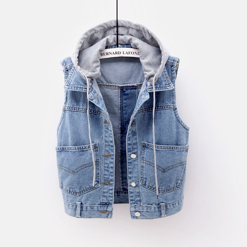 Spring, Summer and Autumn Hooded Denim Vest Women's Short Vest Sleeveless Top