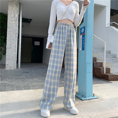 INS Cool Women Baggy Blue Pants Lady Oversized Wide Leg Plaid Slacks Harem Pants Student Autumn Purple Pink Long Flare Trousers