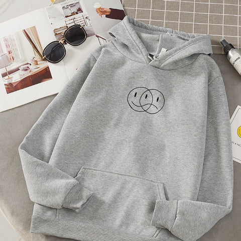 Korean Streetwear Sweatshirt Men Women Casual Pullover Hip Hop Long Sleeve Smile Sad Face Line Print Hoodies Sportswear Tops