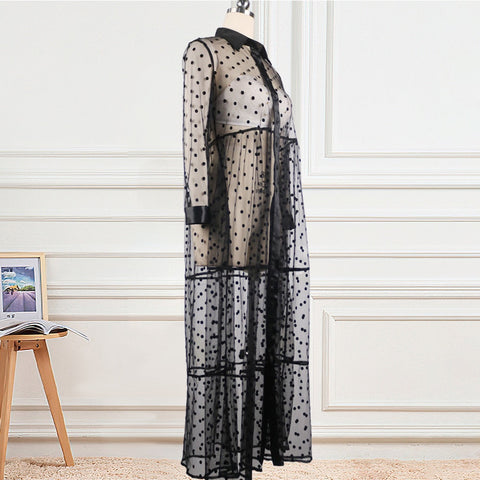 Pbong mid size graduation outfit romantic style teen swag clean girl ideas 90s latina aestheticWomen Long Mesh Shirt Dress Polka Dot See Through Black Transparent Tulle African Fashion Spring Female Robes Tunic Big Size XL