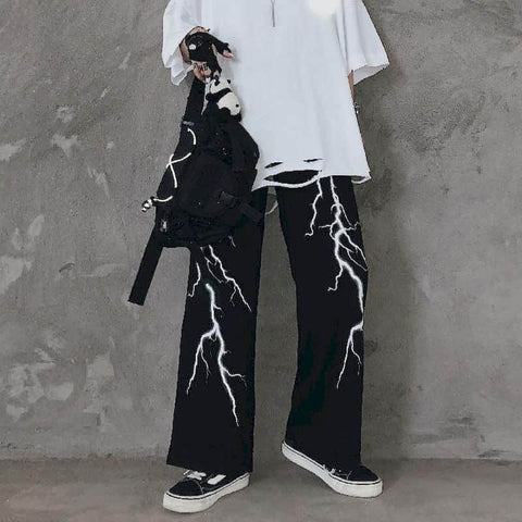 Men's casual pants dark lightning print loose all-match retro pants high street straight wide-leg pants sports pants mens autumn