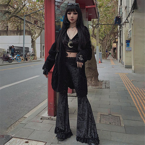 Sexy Fashion Patchwork Lace Solid Flare Pants Women Gothic Dark High Waist Loose Trousers New Street Suede Pants