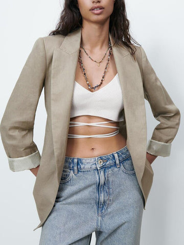 summer new style women's all-match casual loose linen casual suit jacket with printed cuffs