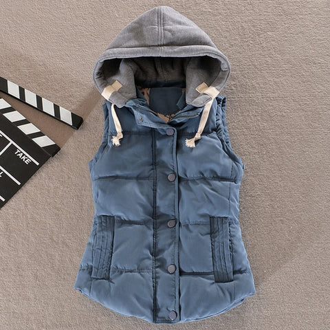 winter women solid thick vest hooded casual female warm outwear cotton padded office ladies single breasted chaleco mujer