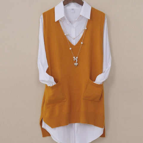 Long Knitted Vest Women V-neck Solid Polly Pocket Plus Size Sleeveless Vest Pullover Gilet Femme Korean Casual Female Vest 4XL