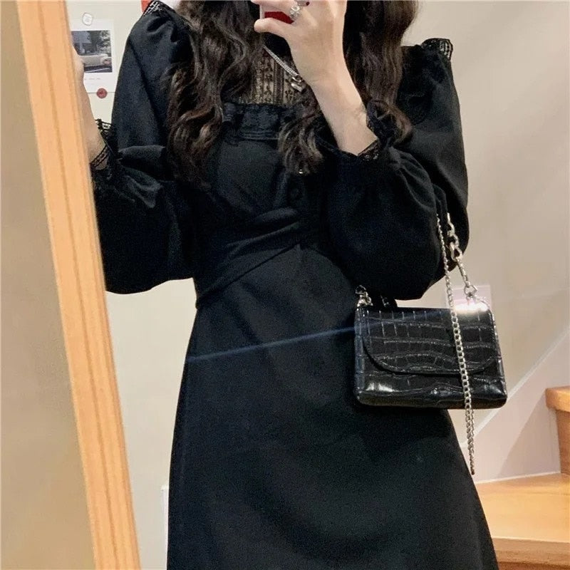 French Lace Vintage Dress Women Fashion Puffer Sleeve Elegant One Piece Dress Korean Spring High Street Slim Midi Dress Y2k