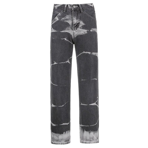 pbong Brown Tie Dye Print Y2k Baggy Mom Jeans Women Vintage Aesthetic Straight Denim Pants High Waist Gray Trousers Streetwear