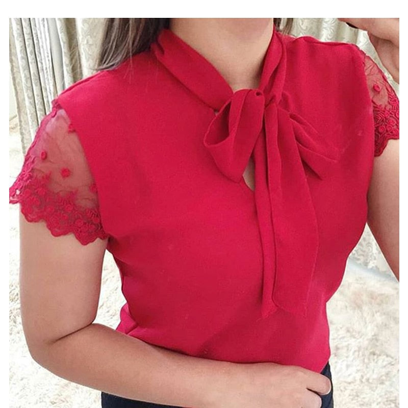 Pbong mid size graduation outfit romantic style teen swag clean girl ideas 90s latina aestheticS-5XL New  Lace Up Bow Tie Shirt Summer Lace Short Sleeve Solid Chiffon Casual Blouse Elegant Office Lady Blusas Woman Tops