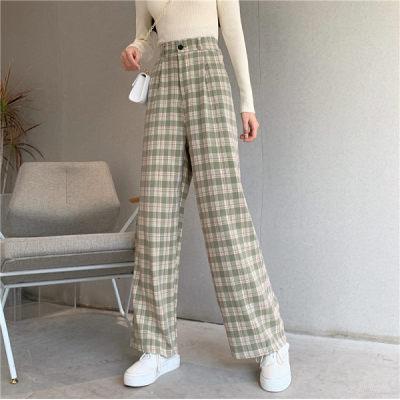 Simple Vintage Plaid Causal Long Women Pants Street Fashion Straight Wide Leg Pant