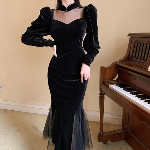 Elegant Mesh Velvet Black Long Dress Women Vintage Gothic Slim Party Dresses Female Winter Sexy Split Hollow Christmas Dress New