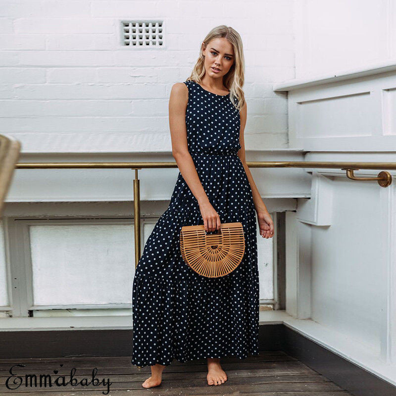 Pbong mid size graduation outfit romantic style teen swag clean girl ideas 90s latina aestheticBobo Women Dark Blue Boho Loose Sleeveless Holiday Dot Print Long Maxi Dress Evening Party Beach Dresses Summer Sundress