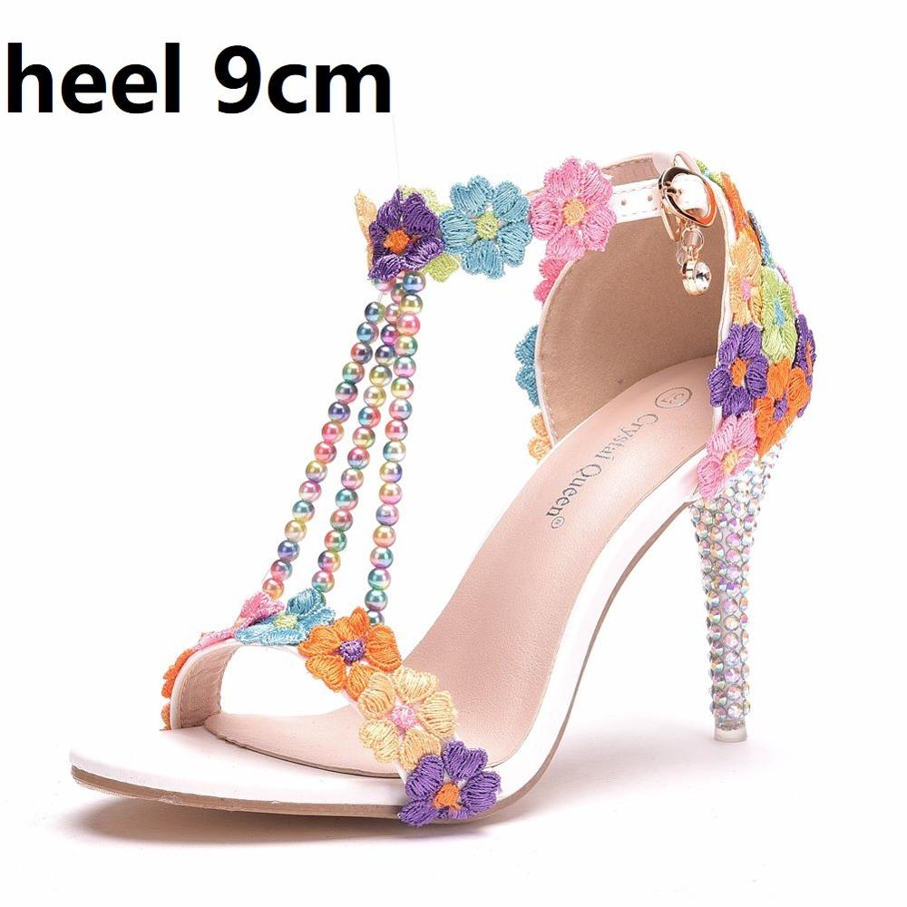 Crystal Queen Ankle Strap Women Sweet Fashion White Colored Floral Stilettos Party Tassel Bridal Wedding Shoes High Heel