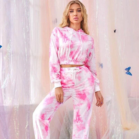 Summer Tie Dye Print Women Tracksuit Sets Casual Hooded Crop Top Sweatshirt + Sport Pants Lady Two Piece Suits Lounge Wear